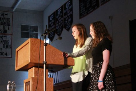 Marielle Bagnard ’14 and Liza Wohlberg ’13, the only students in the Gender Studies course, introduce swimmer Dara Torres ’85 as the Women’s History Month speaker on March 18. 
