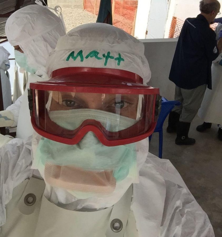 Matthew Waxman 92 takes a selfie in his Ebola treatment suit. Printed with permission of Matthew Waxman.