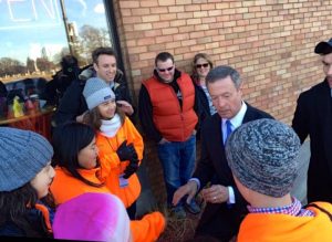 Maryland governor Martin O'Malley talks with Carlthorp sixth grade students. Printed with permission of Peter Sheehy