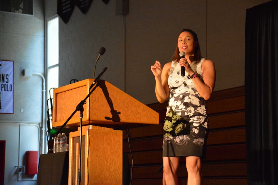 USC Professor Ange-Marie Hancock speaks to students at an all-school assembly Monday. Credit: Teresa Suh/Chronicle