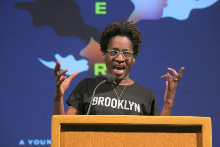 THE POWER OF WORDS: Keynote speaker Jacqueline Woodson, the National Book Award-winning writer of “Brown Girl Dreaming,” speaks to students at the festival.  Workshops led by other accomplished poets were also held at the festival.