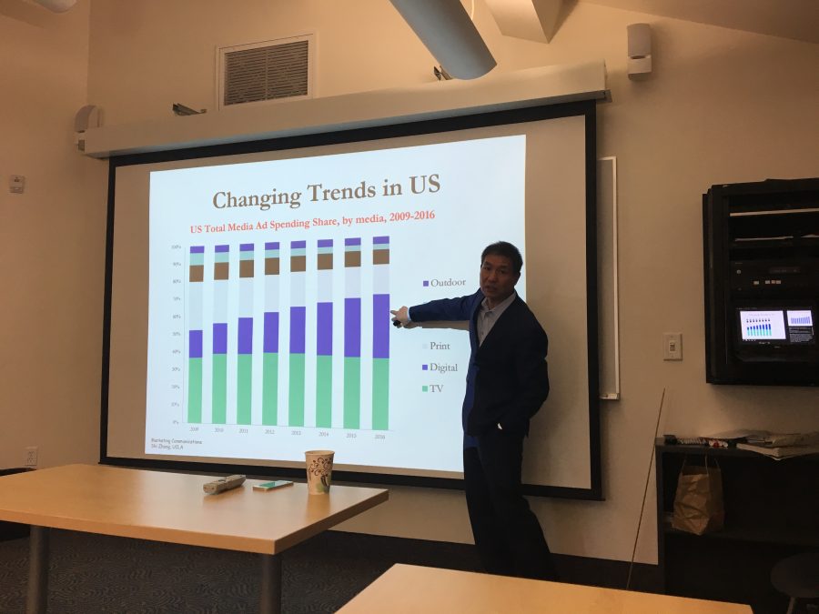 Marketing professor Shi Zhang (Nick 19) shows students data about marketing trends. Credit: Sofia Heller/Chronicle.