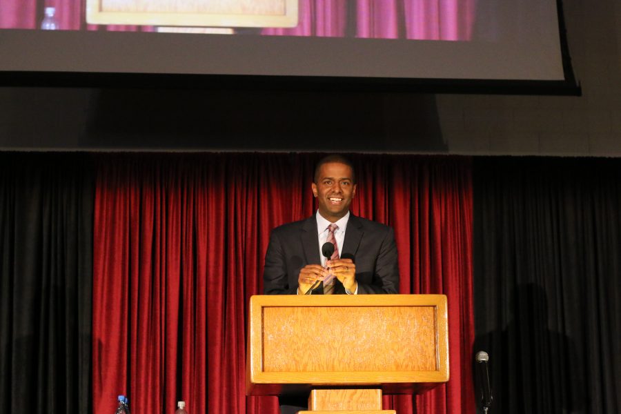Bakari Sellers speaks to students at an all-school sssembly Monday. Credit: Pavan Tauh/Chronicle