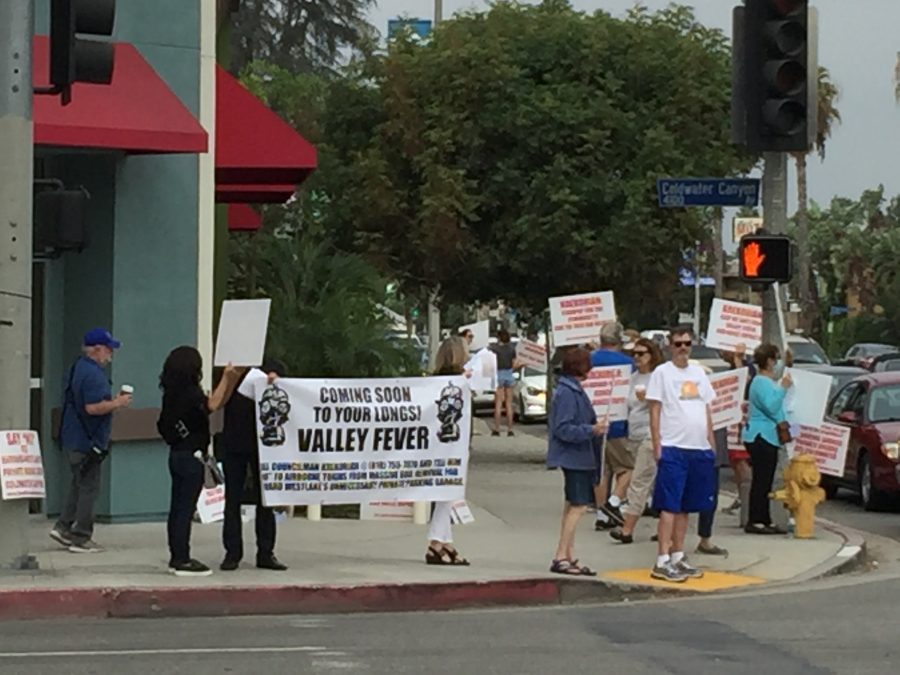Protestors gathered on Coldwater Canyon and Ventura Boulevard with signs and chanted hey, hey, ho ho, this bad projects got to go. Credit: Chronicle