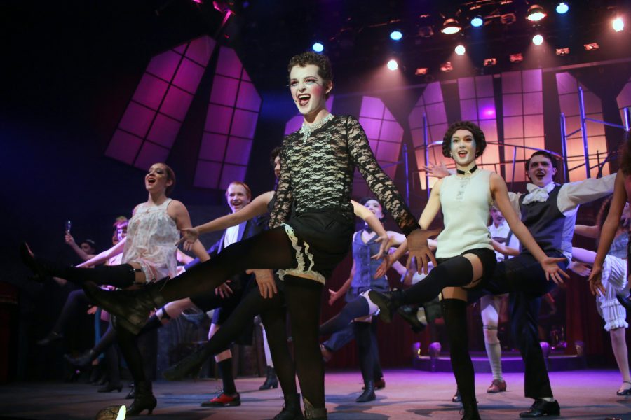 The Emcee (Jake Schroeder 20) and the ensemble dance during Wilkommen, the opening number of Cabaret. Photo credit: Pavan Tauh/Chronicle