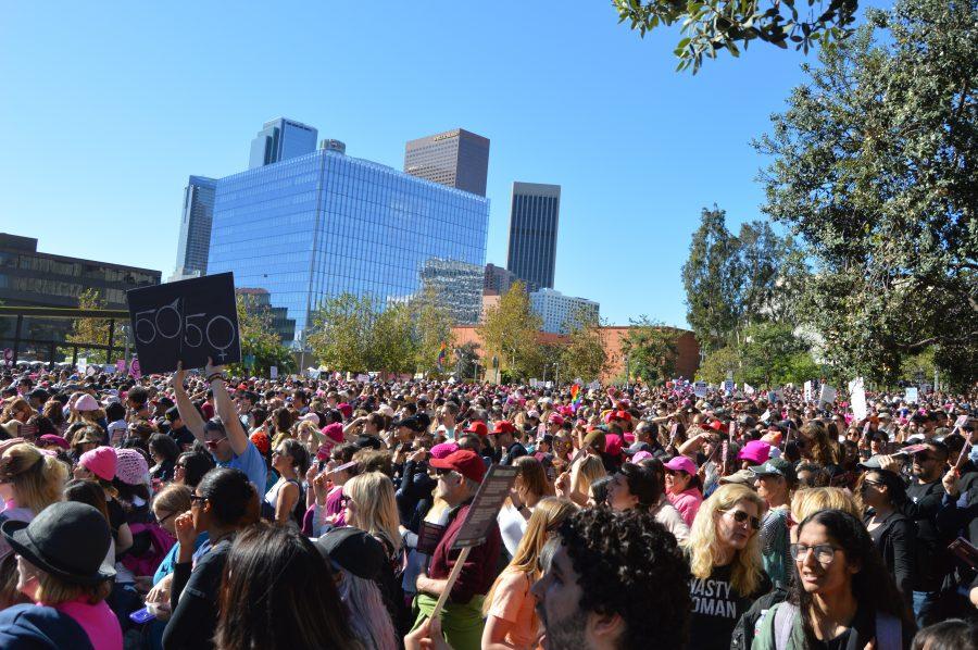 Protesters gather at Pershing Square during the 2018 Womens March in Los Angeles. Credit: Sophie Haber/Chronicle