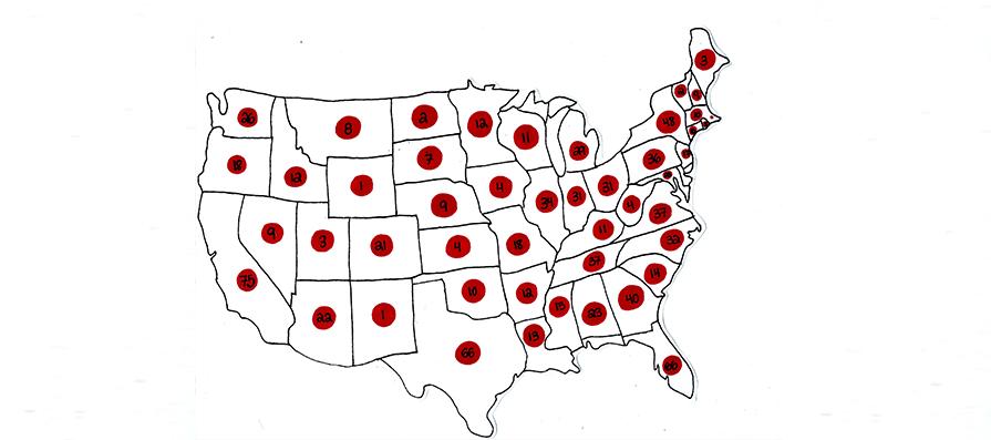 A map of recent hate crimes in each state. Photo illustration by Sarah Healy and Astor Wu.