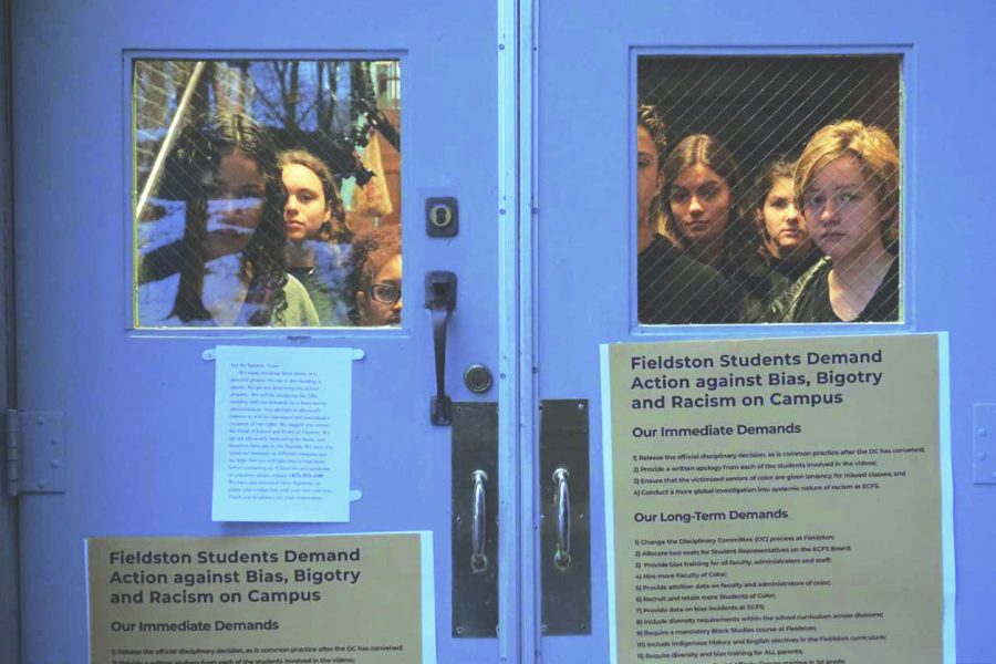 Eighty students at Ethical Culture Fieldston School in New York lock themselves inside of a building to protest bias, bigotry and racism on campus in light of the administration’s response to a racist video that surfaced this month. Printed with permission of Zoe Casdin.