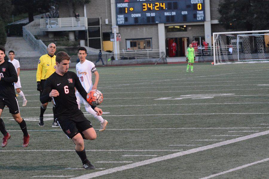 SMASHER ASHER: Midfielder Asher Vogel ’19 gains control of the ball against Bishop Alemany High School on Jan. 30. Photo Credit: Luke Casola/Chronicle.