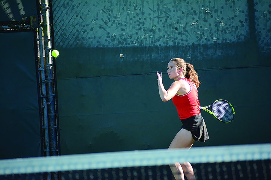 Captain Katherine Konvitz 20 prepares to return her opponent serve in the 13-5 match win against Marymount on Oct. 24.
