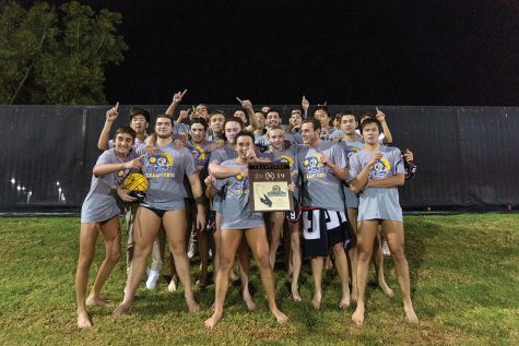 The Boys Water Polo team poses for a photo with their plaque after defeating Newport Harbor High School 6-4 Nov. 16 to win its second CIF Division I title in a row. Printed with permission of Jonathan Joei. 