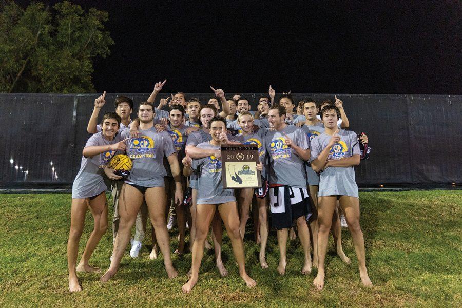 The+Boys+Water+Polo+team+poses+for+a+photo+with+their+plaque+after+defeating+Newport+Harbor+High+School+6-4+Nov.+16+to+win+its+second+CIF+Division+I+title+in+a+row.+Printed+with+permission+of+Jonathan+Joei.+