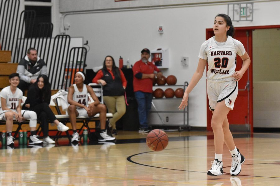 Guard Krista Semaan 21 sets up the offense in a 75-31 win against La Canada High School in the Brentwood Invitational. Semaan finished with 12 points against the Mustangs tonight. Credit: Jaidev Pant/Chronicle