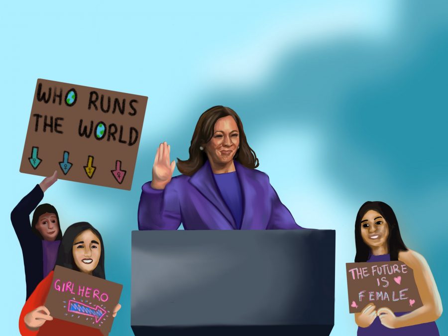The inauguration of Kamala Harris as Vice President allowed for reflection within the student community. Illustration credit: Alexa Druyanoff/Chronicle