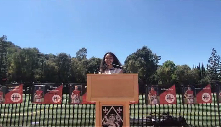 Newly-elected Head Prefect Jade Stanford 22 gives her runoff speech in front of the Ted Slavin field.