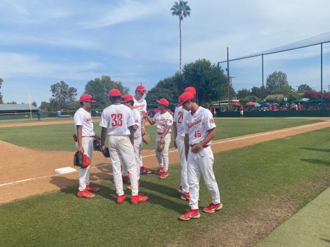 Just after winning the semi-final game against Orange Lutheran, the baseball squad joins together. 