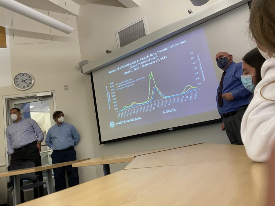 Dr. Robert Gilchick explains COVID data as part of a slideshow presented to students, as Head of the History Department and Interdisciplinary Studies Department Larry Klein and Head of Communications and Strategic Initiatives Ari Engelberg 89 look on.