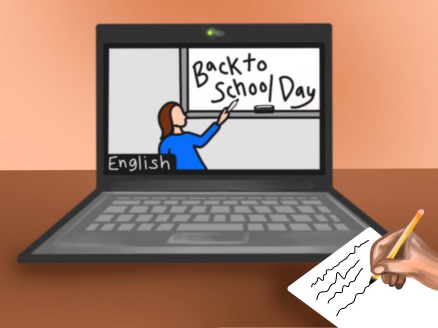 In an illustration, a figure takes notes watching the Back to School virtual meeting of an English class. For Back to School Day, parents and guardians were able to follow their childs schedule and attend their classes. 