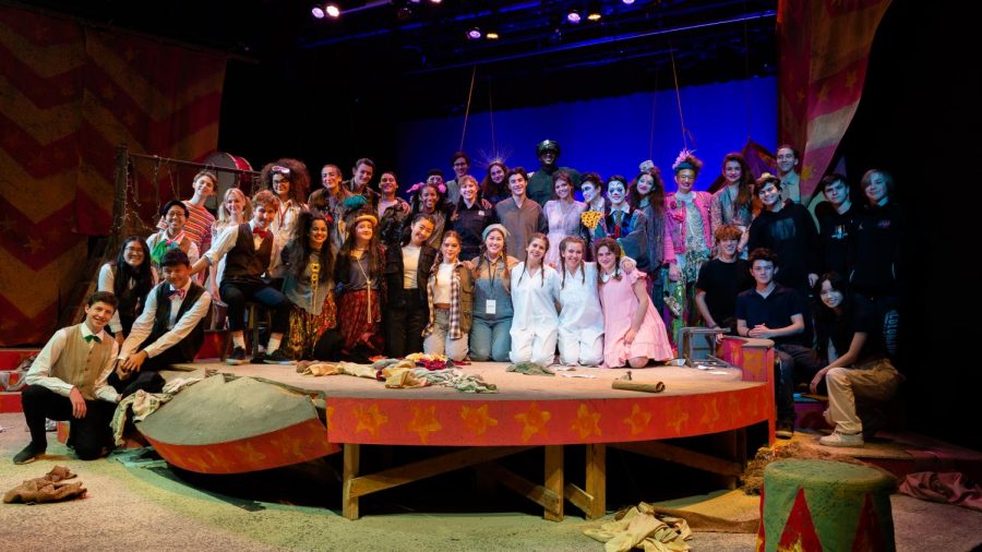 Thespians gather for a group photo after a performance of J.B..