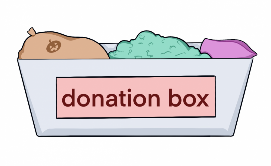 An illustration features bags of candy being placed in a donation box. Two donation boxes were placed on campus, where students could drop candy to be donated to Operation Gratitude.  