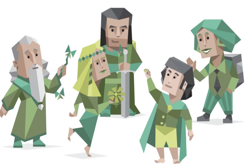 Icons representing some of the 16 personalities from the Myers-Briggs personality test interact with each other. 