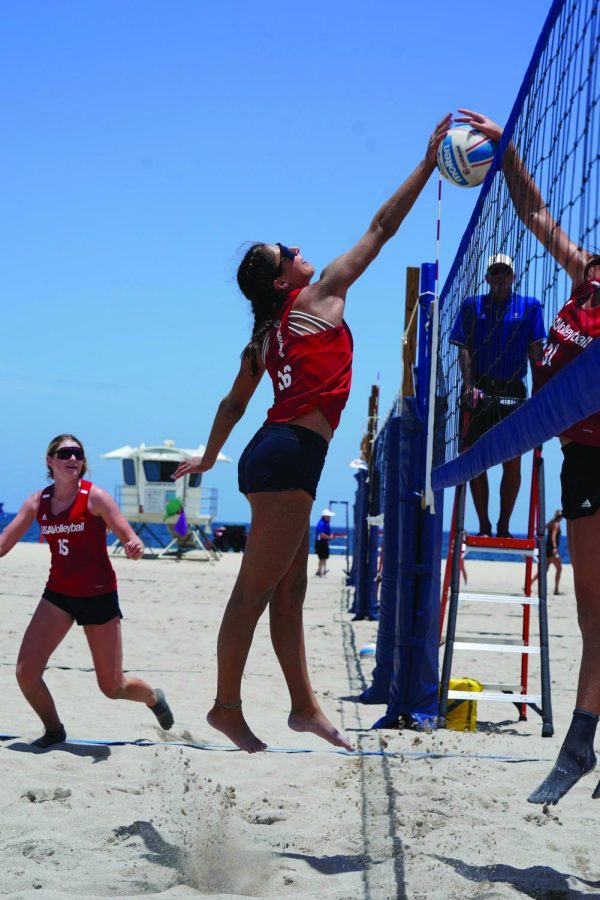 HANDS+UP%3A+Alex+Adishian+%E2%80%9923+leaps+to+block+her+opponent+from+spiking+the+ball+at+the+USA+Beach+Volleyball+High+Performance+Championship.+