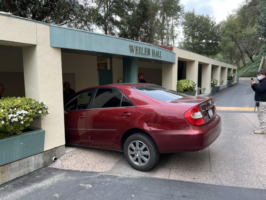 A car drove onto the steps of Weiler Hall and nearly crashed into the building Tuesday morning. 
