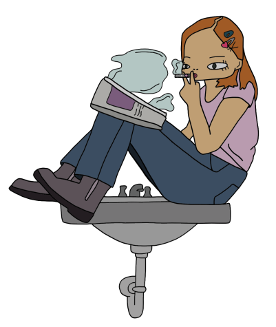 A cartoon student sits on top of a sink while smoking.
