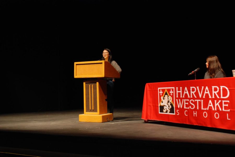 Current Junior Prefect Yoshimi Kimura ’23 answers a question during her speech in Rugby Auditorium about a time when she struggled to do the right thing. Four out of the seven candidates running to become Head Prefect will advance to the second round of elections.