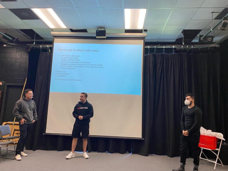 Andrew Lee ’09, Sam Kazemian and Blockchain Club leader Ryan Pinsker 23 stand in front of Lee and Kazemians presentation about Web3.