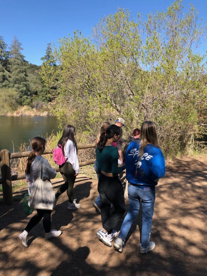 AP Environmental Science students walk next to the Franklin Canyon reservoir, surveying the land around them.