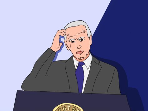 An illustration depicts President Joe Biden standing in front of a podium. 