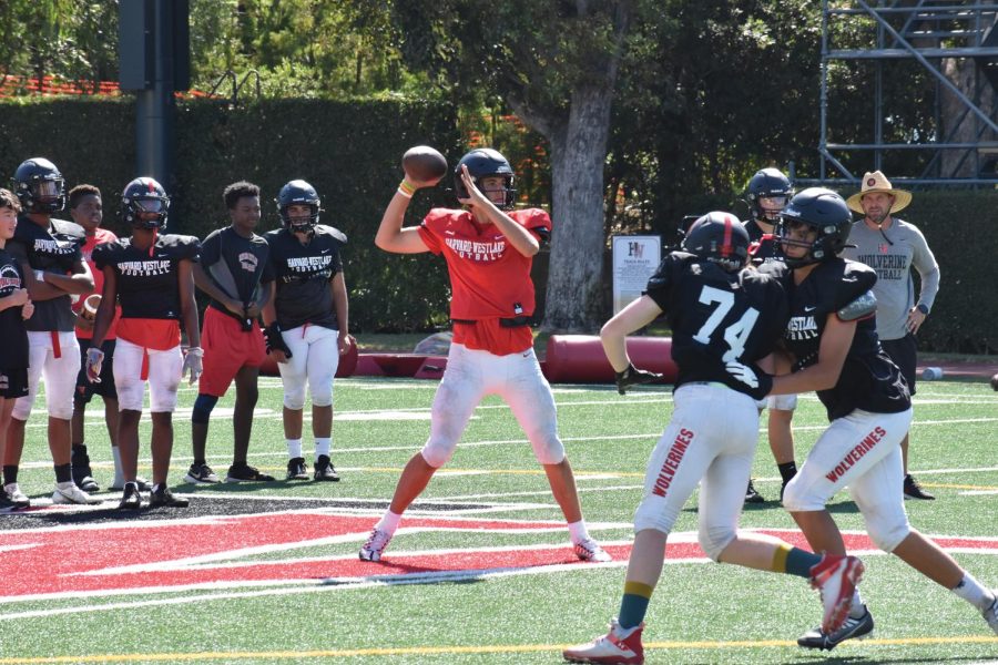 AIR RAID INCOMING: Quarterback Henry Wendorf ’23 winds up to throw the ball in a preseason practice on Ted Slavin Field on Aug. 16.