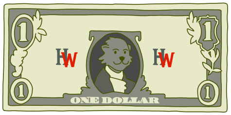 A dollar is redrawn with the schools mascot, Buddy the Wolverine, in the center. The redrawn dollar represents how the monetary value of donations are treated as if they represent loyalty to the school. 