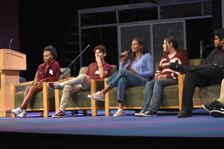 A CAPTIVATING CONFERENCE: Student representives speak on a panel at the Pollyanna Conference in Saperstein Theatre at the lower school campus Oct 22. This year, the meeting’s theme was “Teamwork is the Heartbeat: Building Communities of Inclusion Through Collaboration.” 