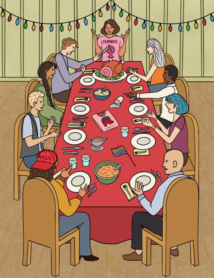 Family members argue at their dinner table about politics and differing opinions.