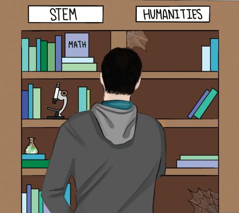 A student stands in front of a bookshelf that represents courses at the school. There is a lack of humanity opportunities for students to choose from.