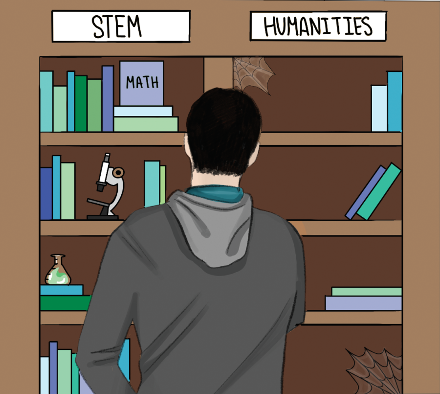 A student stands in front of a bookshelf that represents courses at the school. There is a lack of humanity opportunities for students to choose from.