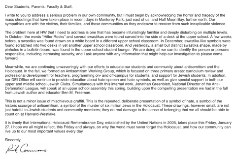 President Rick Commons sent a school-wide email Tuesday detailing the most recent incident of antisemitic vandalism. 