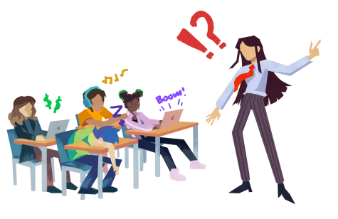 An illustration depicts an angry teacher lecturing inattentive students.