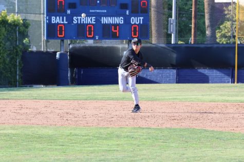 Kai Caranto ’23 makes a throw to first base in the fourth inning of the Wolverines’ 3-0 victory against Loyola to win their best of three series March 9. With the shutout, the team improved their overall record to 7-3 and their Mission League record to 4-2.