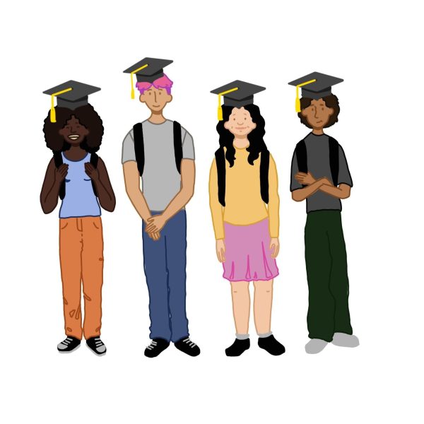 High school graduates from diverse backgrounds stand side by side. Illustration by Ava Hakakha.