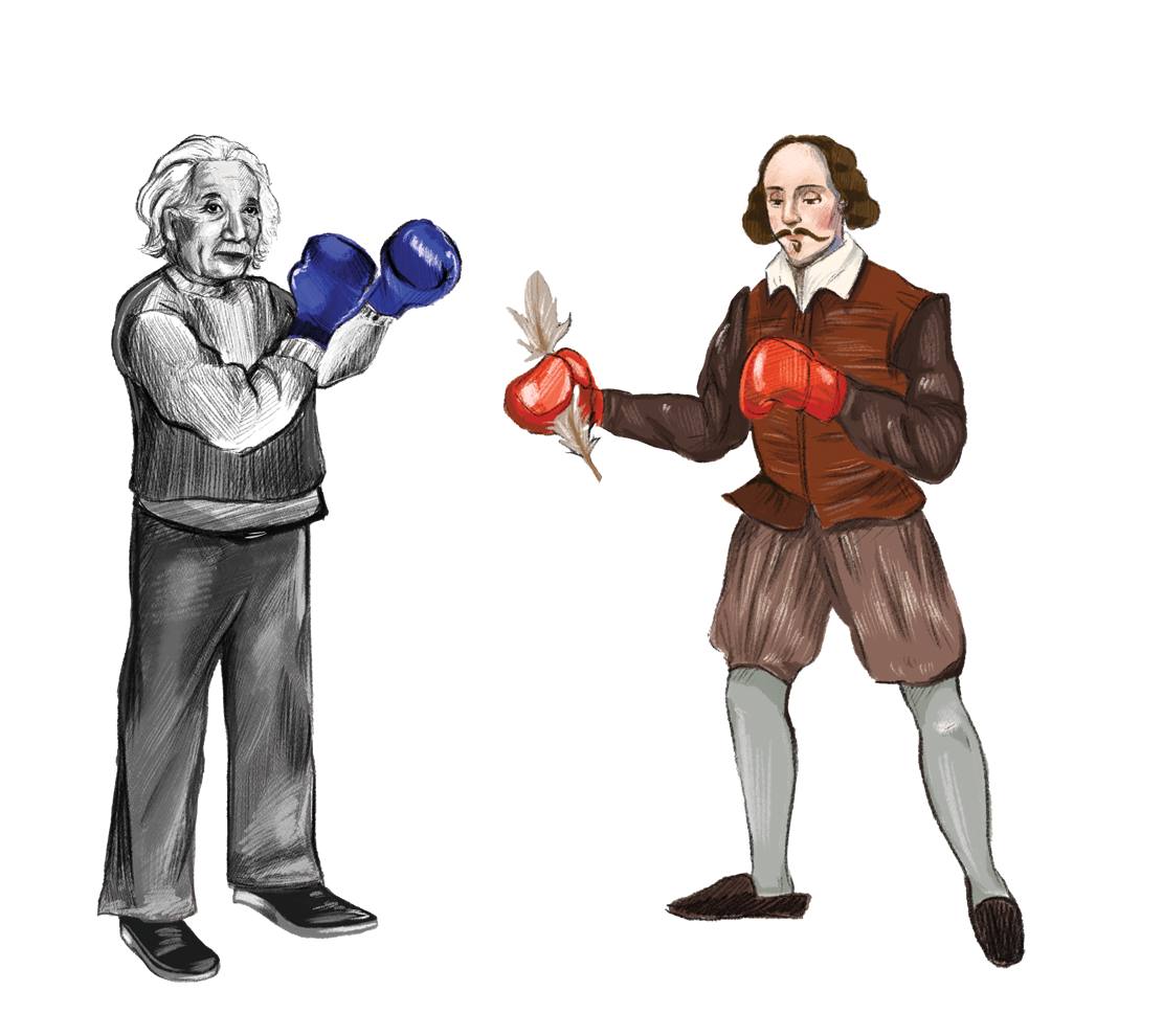 Einstein and Shakespeare box each another.
Illustration by Iris Chung