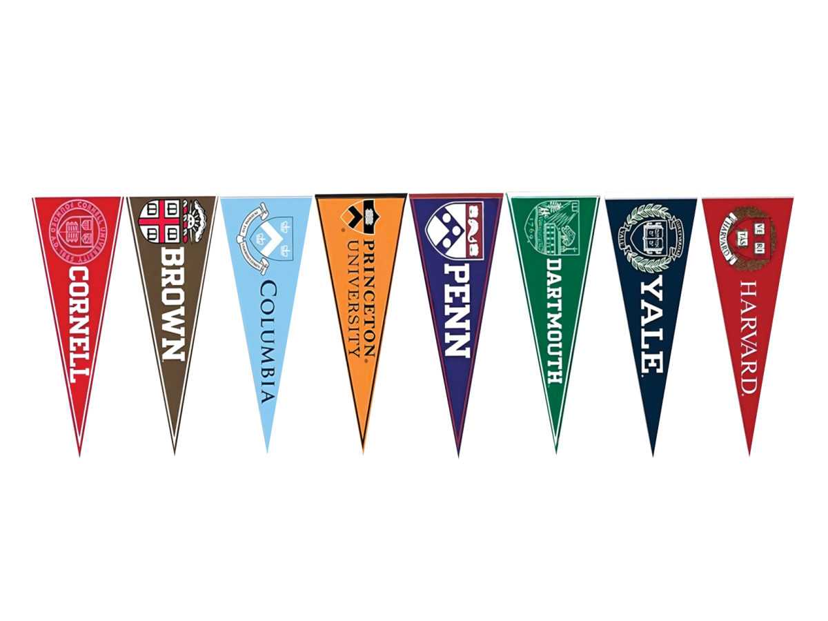 Typical college banners from the eight Ivy Leauge schools are being hung up next to each other. Illustration by Iris Chung.
