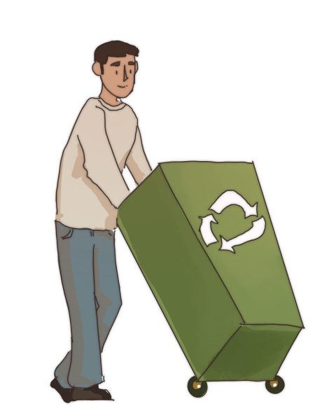 A student pushes a recycling bin onto campus.