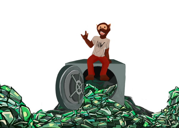 Buddy the Wolverine sits atop a vault filled with cash.