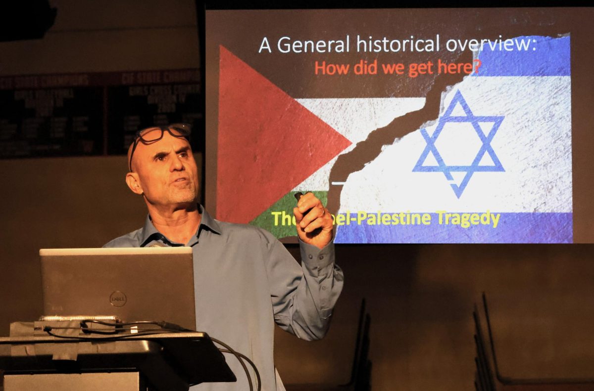 History Teacher Dror Yaron presents at an educational assembly for sophomores and juniors Oct. 23. The history teacher spoke on the past of Israel and Palestine and the consequences regarding the current war.