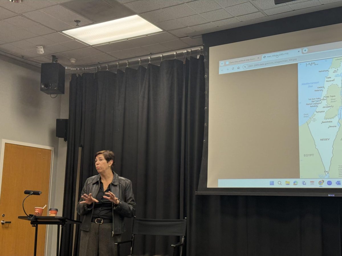 Former CBS Middle East Deborah Camiel (Ariel 24) speaks to students and faculty at a meeting Nov. 15. She talked about her experience as a journalist covering the Israeli-Palestine conflict in Gaza despite violence between the two groups.