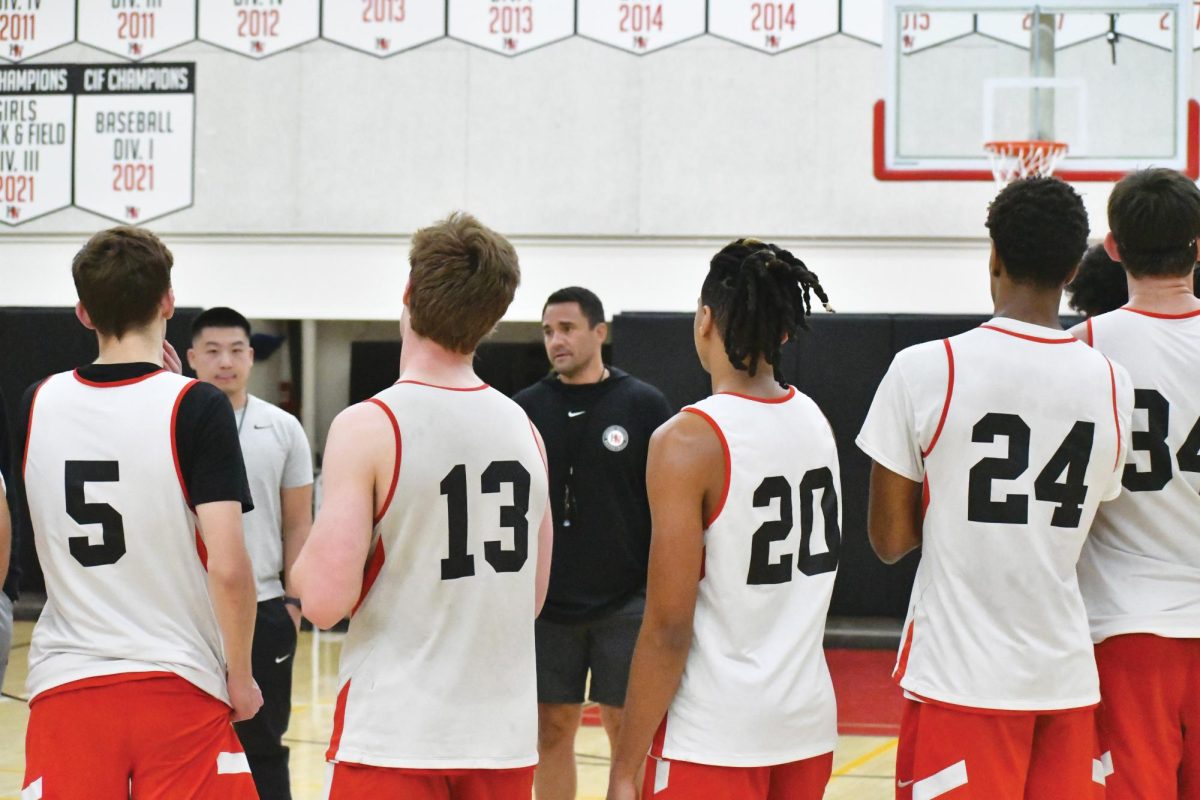 Head+Coach+David+Rebibo+speaks+in+a+team+meeting+after+a+preseason+practice.+The+team+looks+to+repeat+as+California+Interscholastic+Federation+%28CIF%29+state+champions%2C+currently+ranked+fourth+in+the+country.