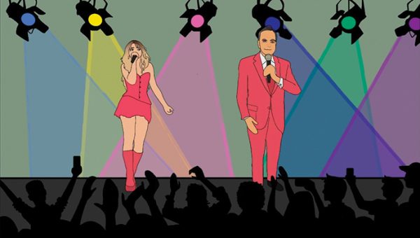 PRETTY IN PINK: Super princess pop star Sabrina Carpenter performs on stage with Rick Caruso 76 as a dynamic duo. The pair will be performing a concert this upcoming weekend in Palisades Village, curtesy of Caruso.